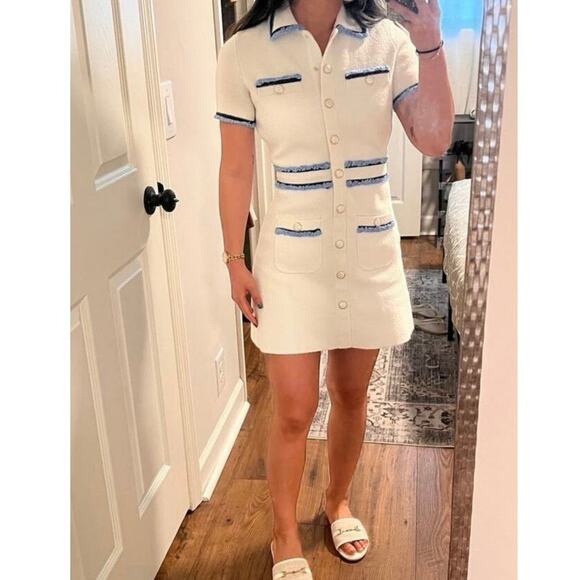 MAJE White Blue Tweed Gold Button Details Collared Risal Mini Dress Size 34 - Picture 13 of 15